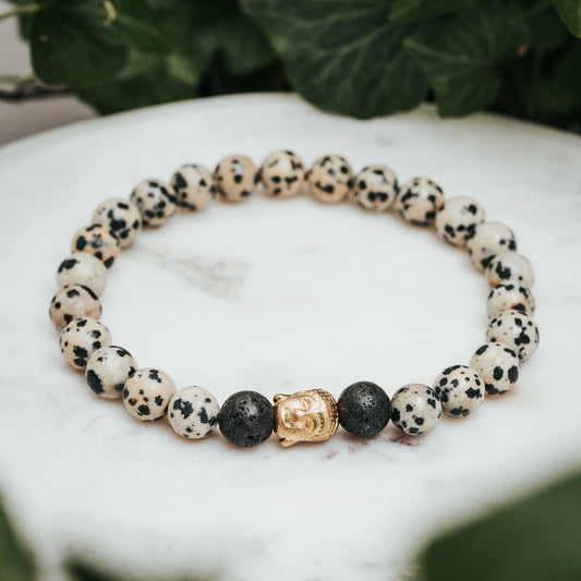 Buddha Dalmatian Jasper & Lava Gemstone Bracelet