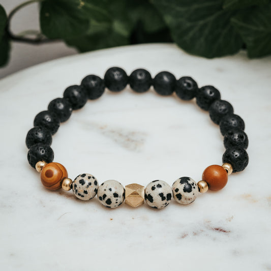 Dalmatian Jasper, Lava & Wood Lace Gemstone Bracelet
