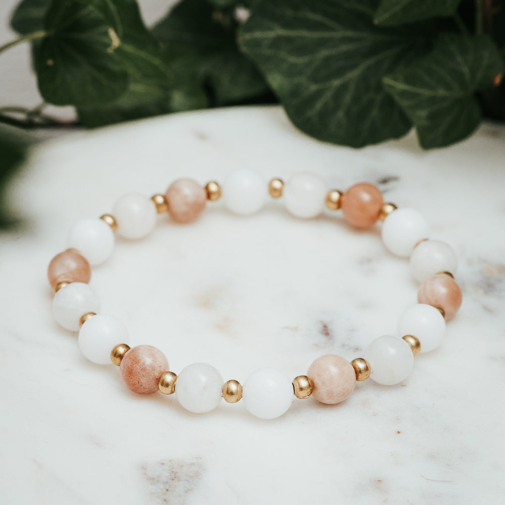 Moonstone, White Jade & Sunstone Bracelet