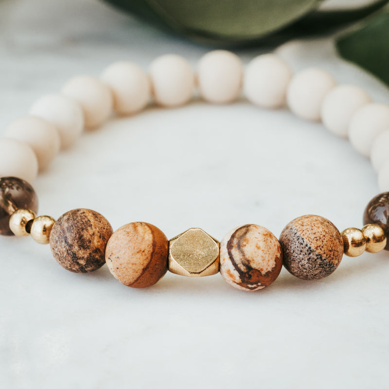 Smoky Quartz, Picture Jasper & Fossil Gemstone Bracelet