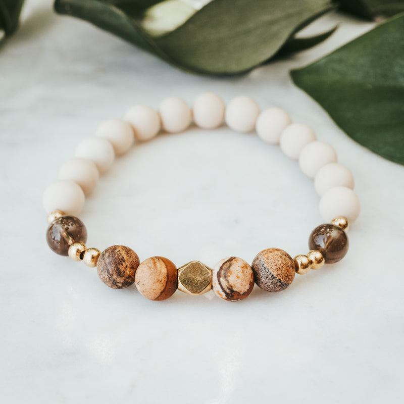 Smoky Quartz, Picture Jasper & Fossil Gemstone Bracelet