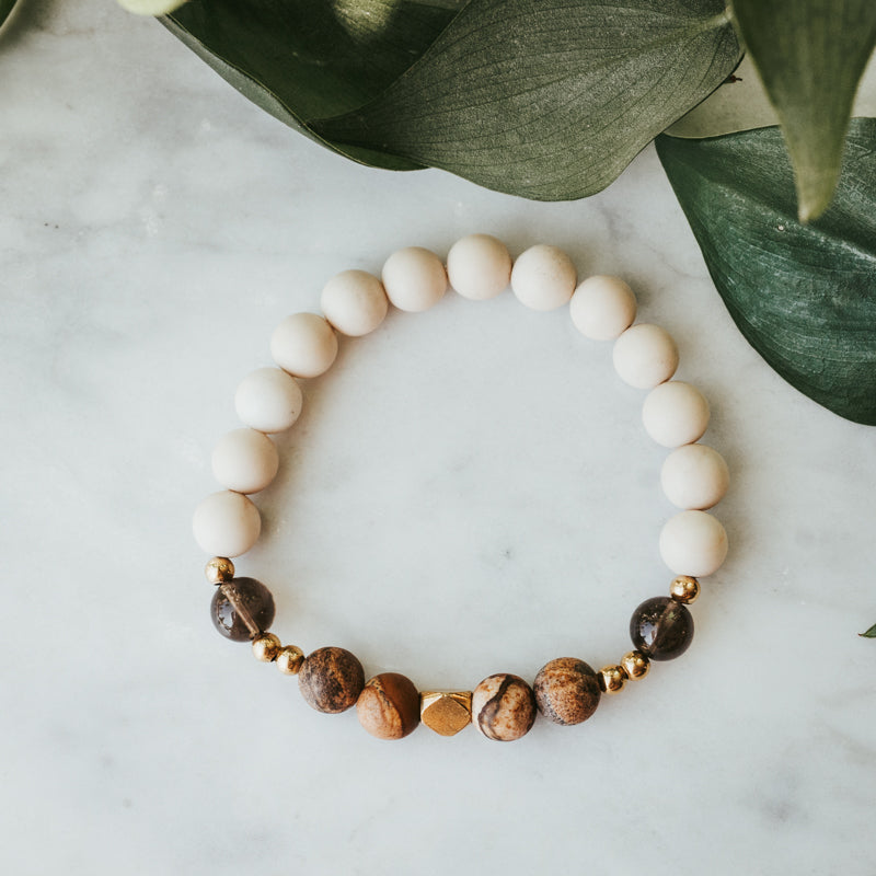 Smoky Quartz, Picture Jasper & Fossil Gemstone Bracelet