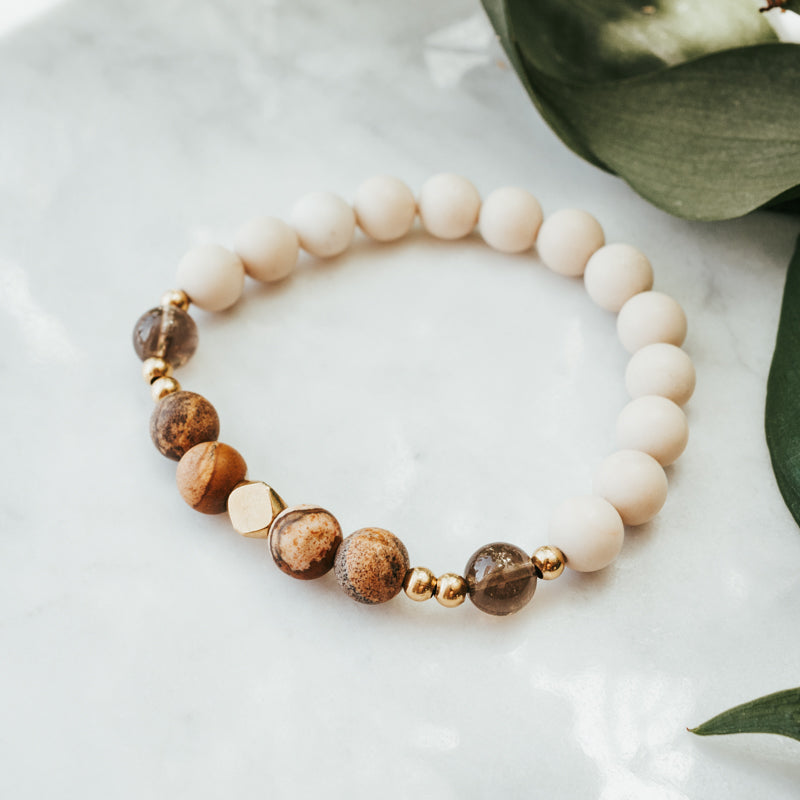 Smoky Quartz, Picture Jasper & Fossil Gemstone Bracelet