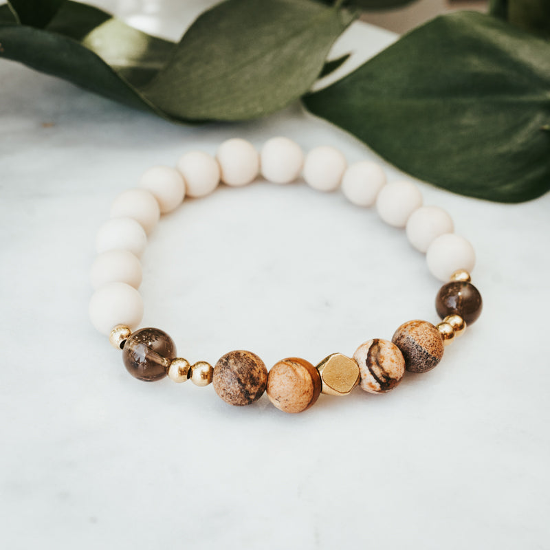 Smoky Quartz, Picture Jasper & Fossil Gemstone Bracelet