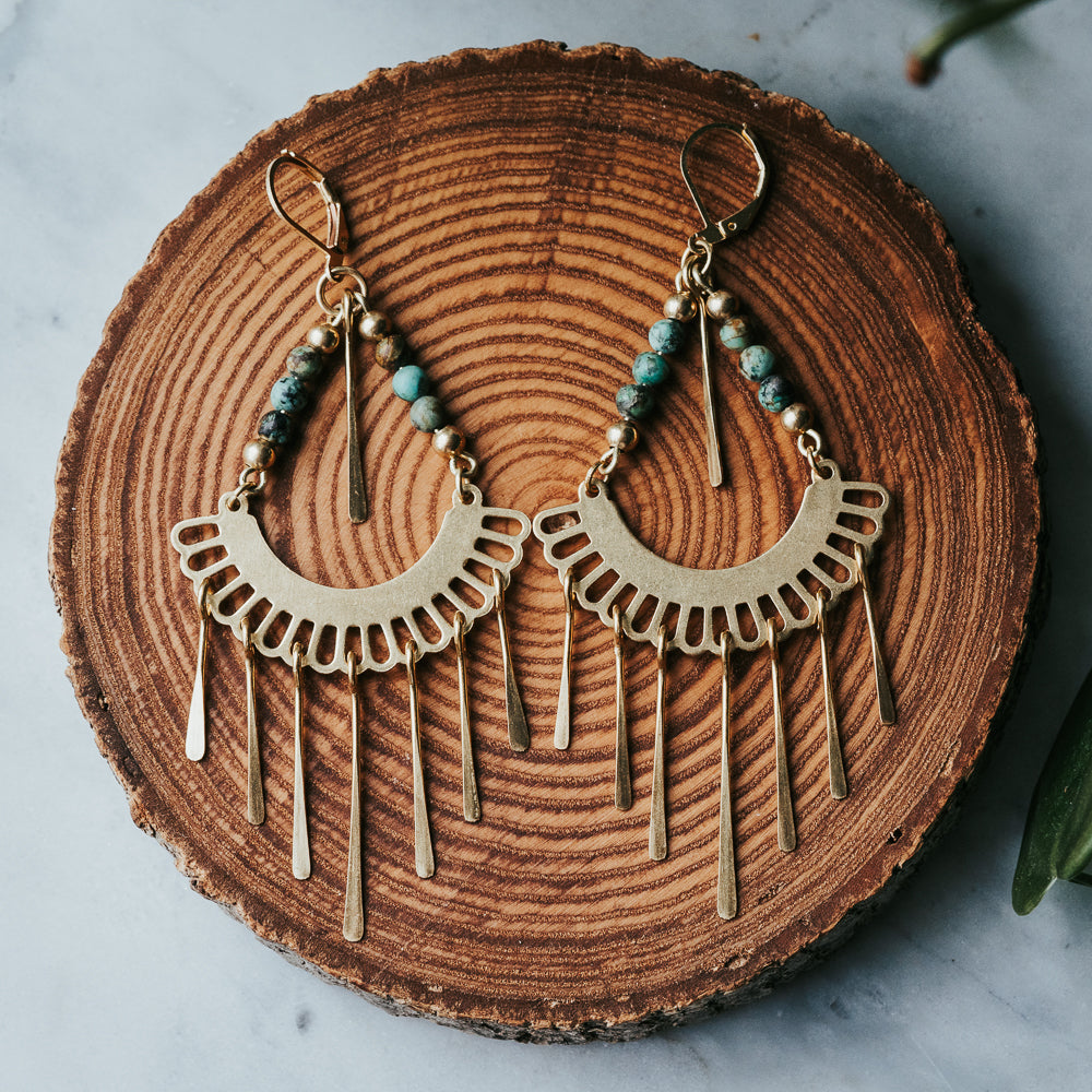 Pendientes de flecos con gemas hippies | Jaspe turquesa africano