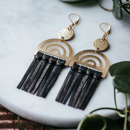 Rainbow Leather Fringe Earrings - Black