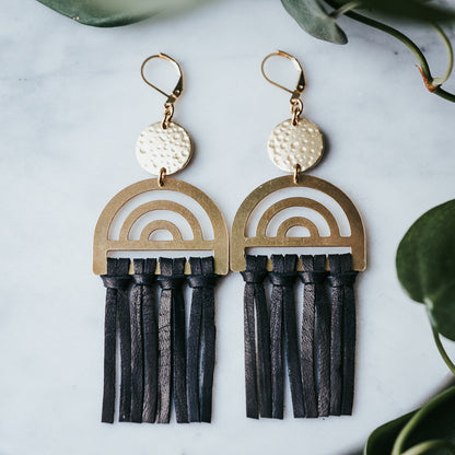 Rainbow Leather Fringe Earrings - Black