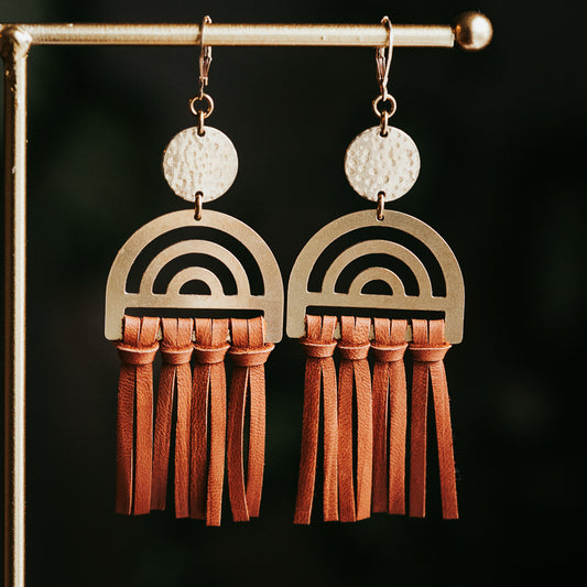 Rainbow Leather Fringe Earrings - Brown