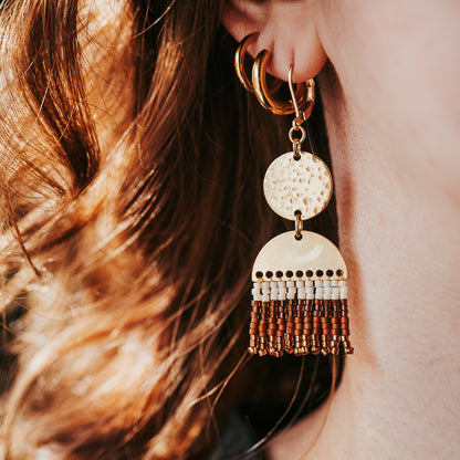 Rainbow Beaded Fringe 70s Boho Brass Earrings