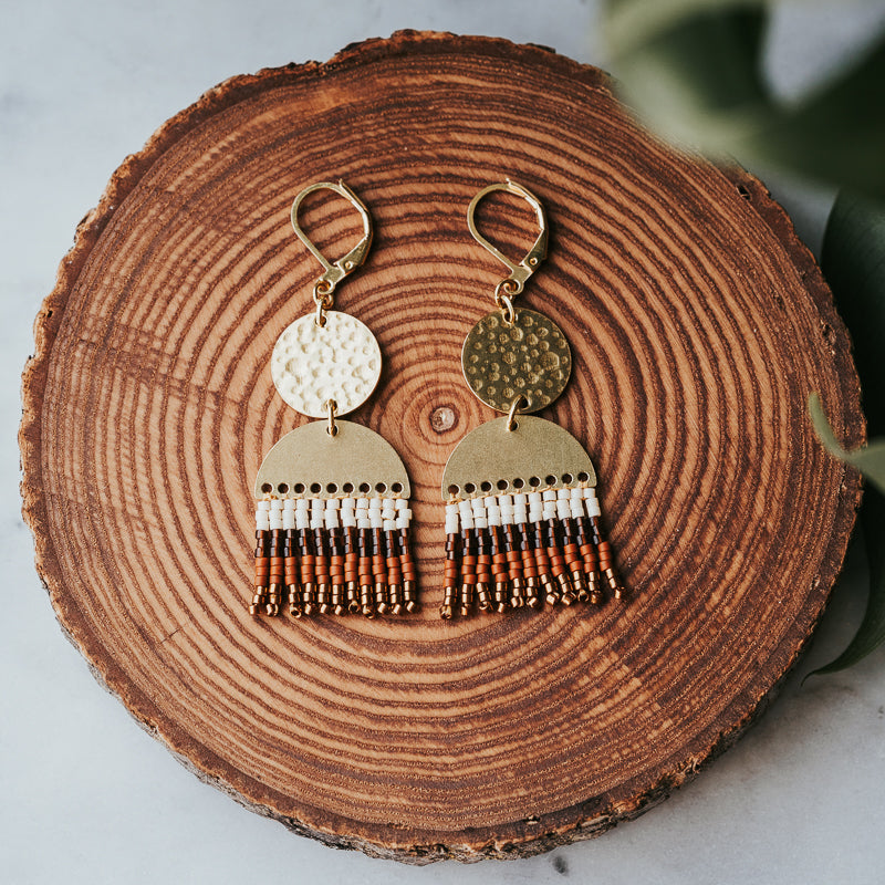 Rainbow Beaded Fringe 70s Boho Brass Earrings