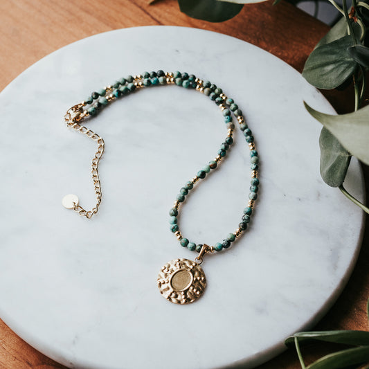 Sun Medallion Necklace | African Turquoise Jasper