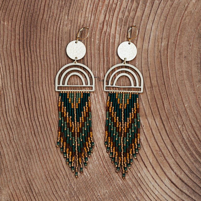 Rainbow Beaded Fringe Boho Brass Earrings