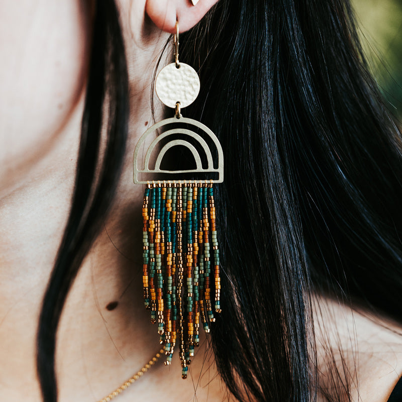 Rainbow Beaded Fringe Boho Brass Earrings