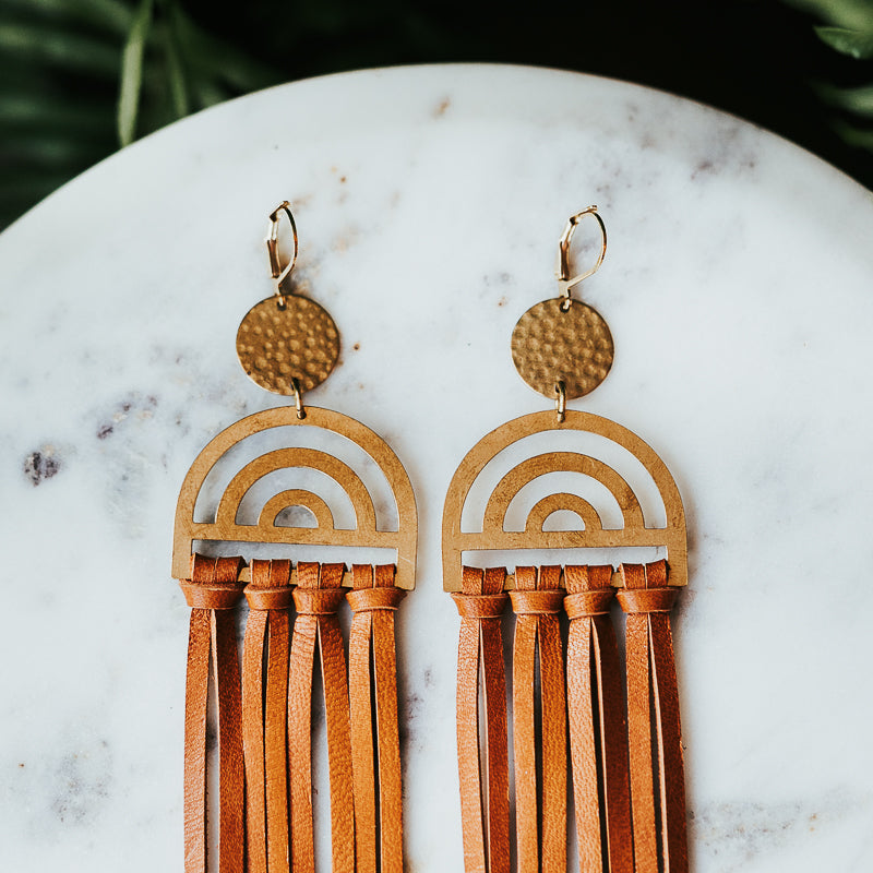 Rainbow Leather Fringe Earrings - Brown