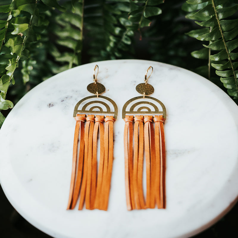 Rainbow Leather Fringe Earrings - Brown