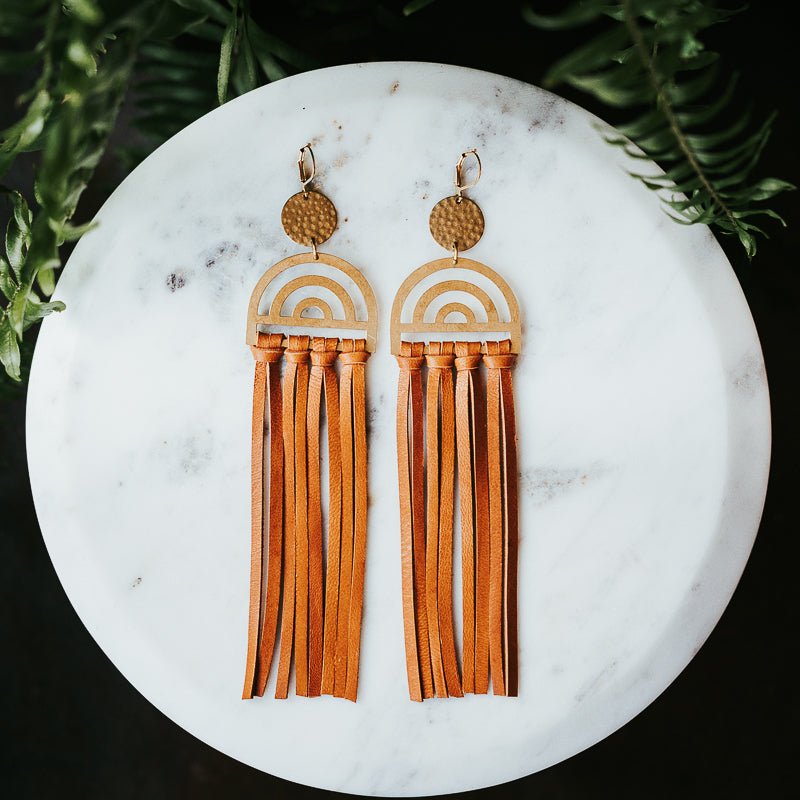 Rainbow Leather Fringe Earrings - Brown