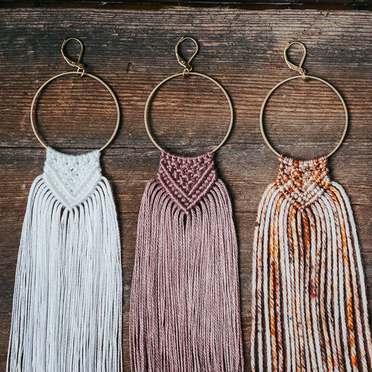 70s Boho Macrame Hoop Earrings with Hand Dyed Wool