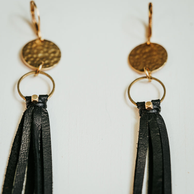 Hoop Fringe Leather Earrings - Black